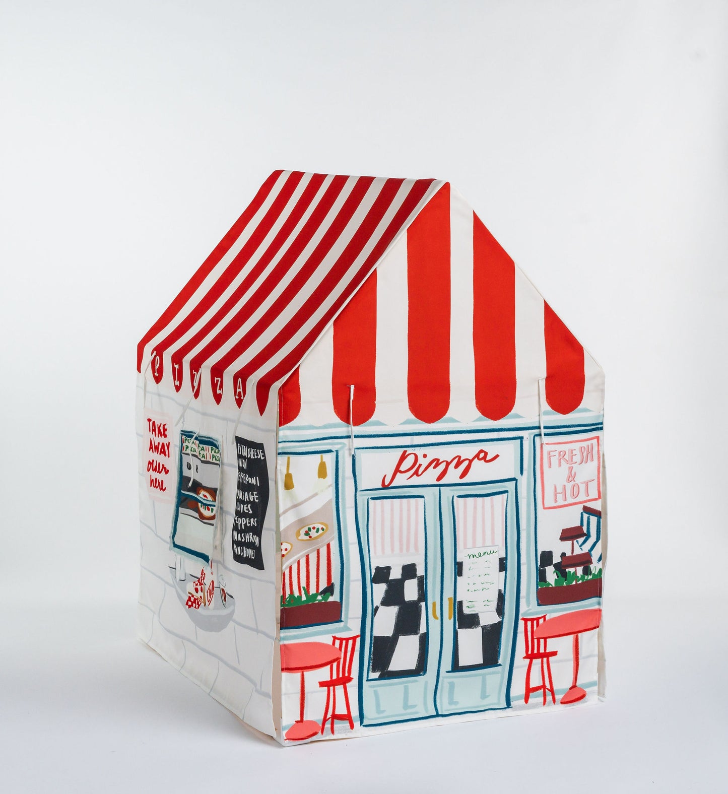 A children's play house designed to look like a pizza shop, featuring a red and white striped awning, illustrated storefront windows, and red chairs on a white background.