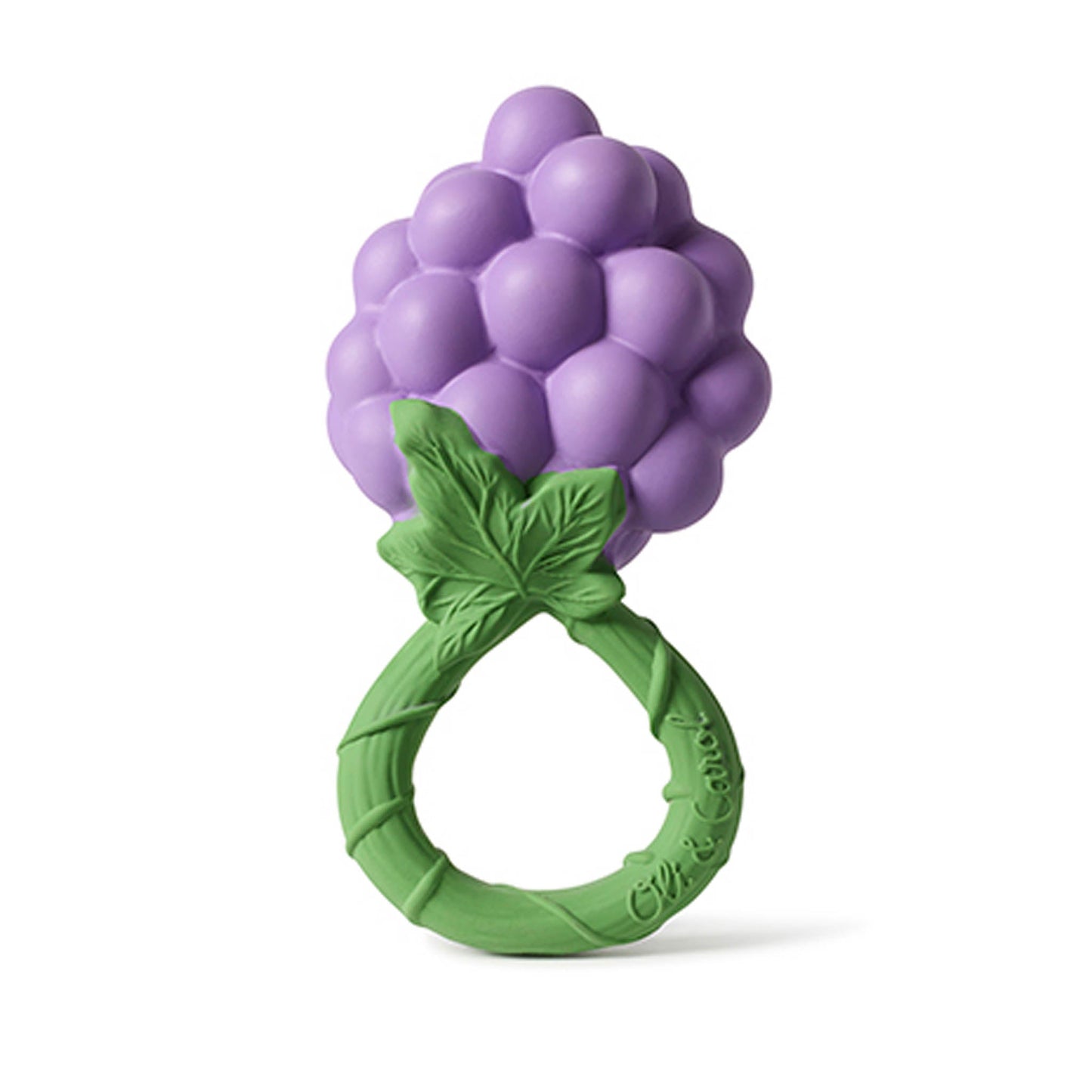 Purple grape-shaped teether with green base on a white background