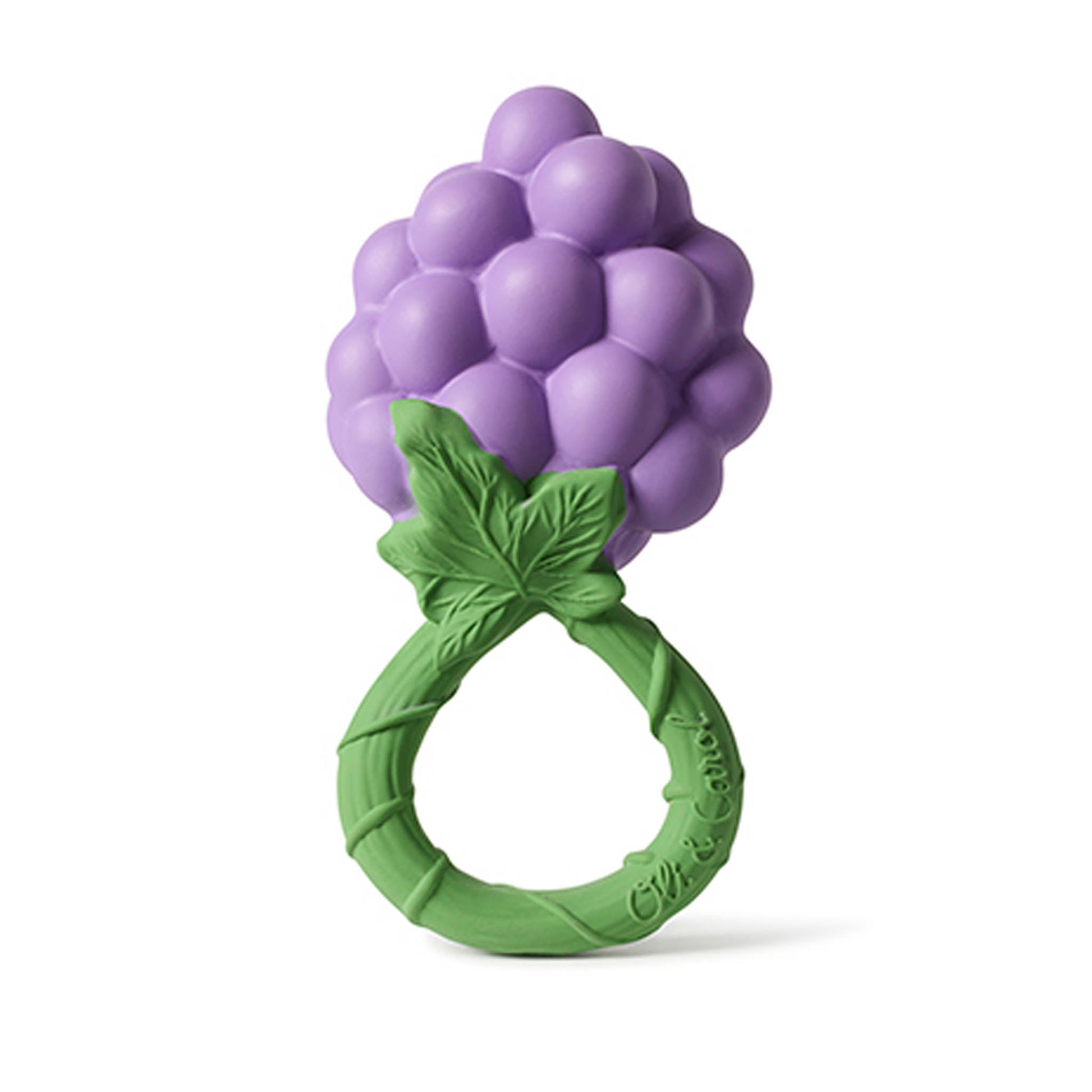 Purple grape-shaped teether with green base on a white background