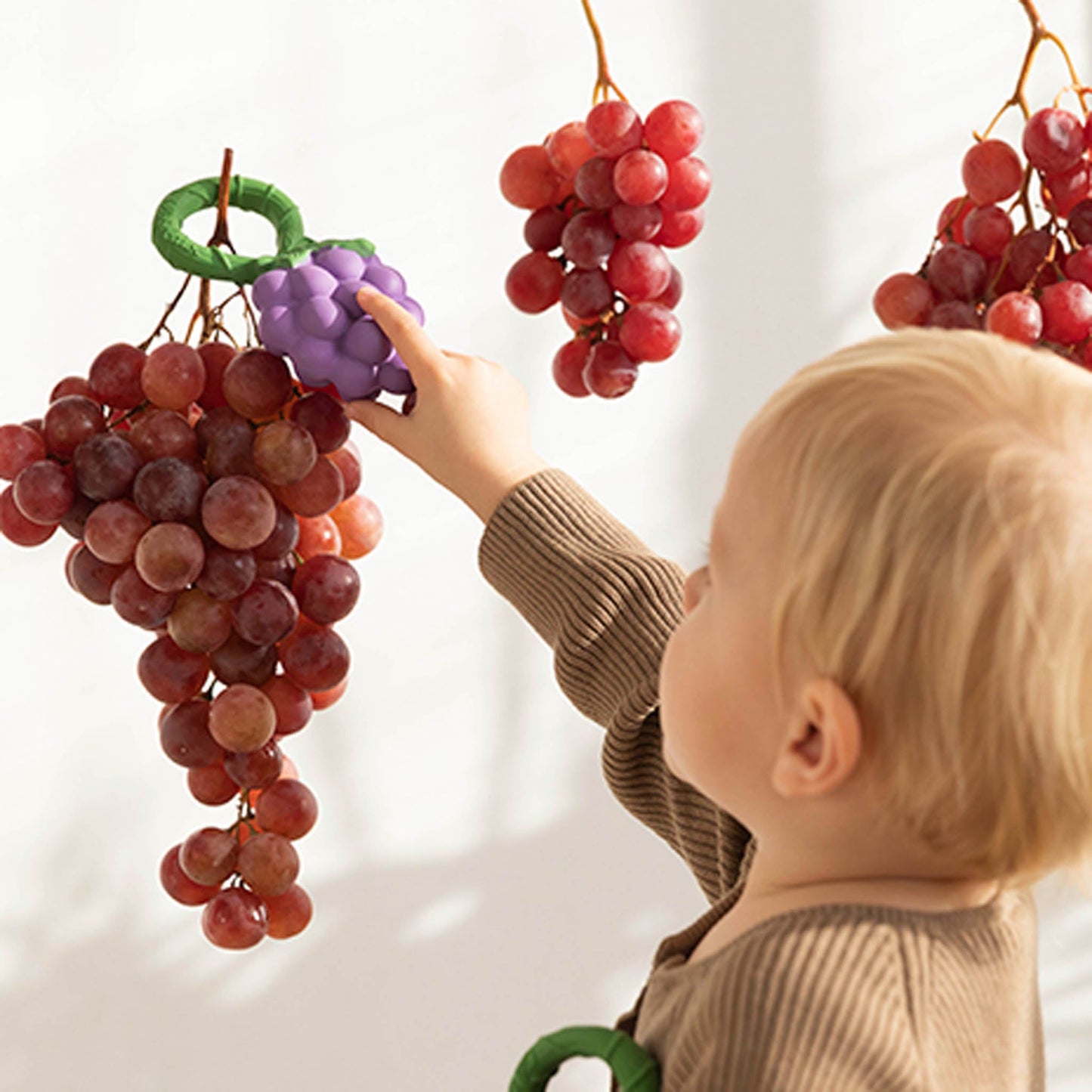 Child playing with toy grapes and a purple fruit on a white background