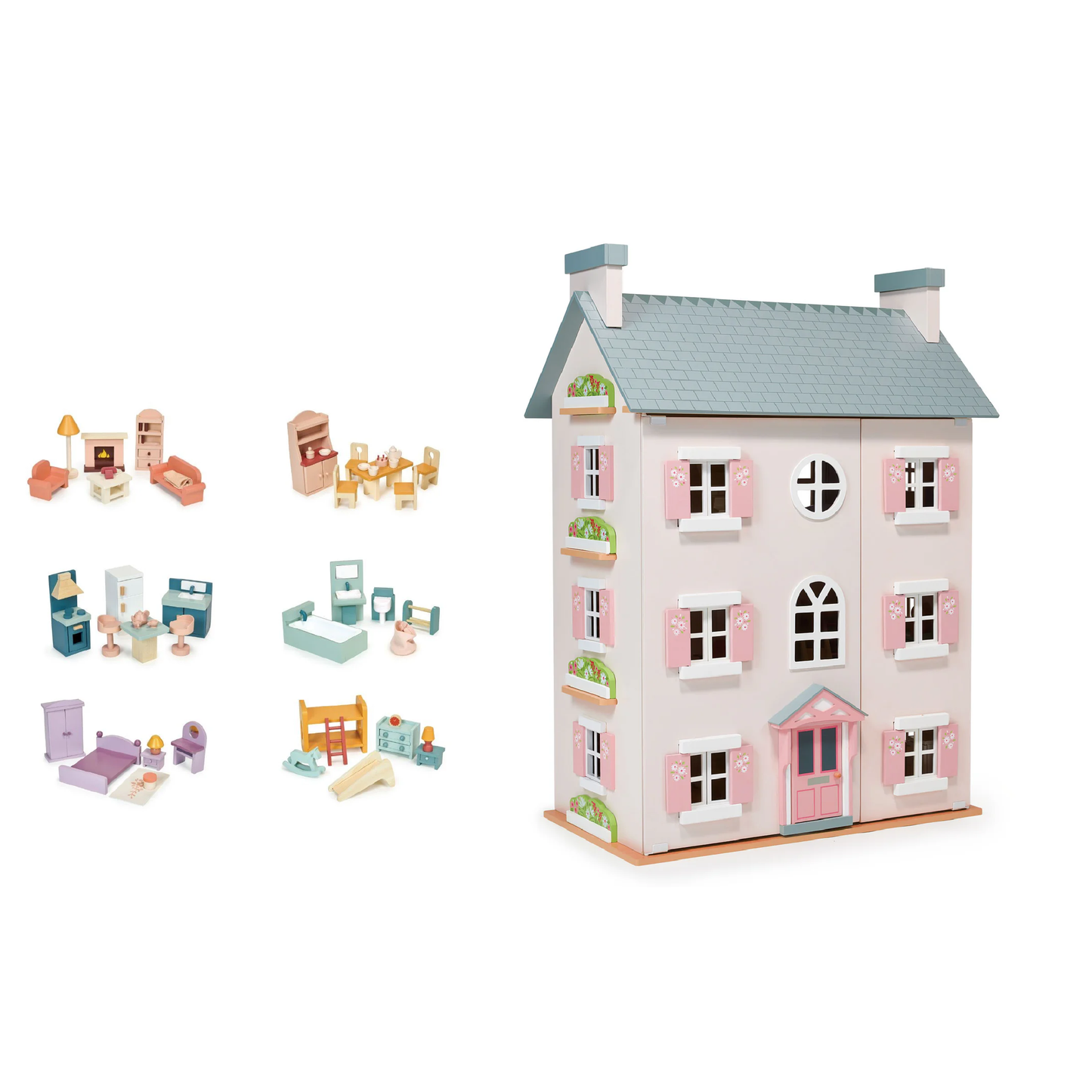 Mentari Heather Hall Large Dolls House. Pink large dolls house with all furniture and doll family, great gift for toddlers.