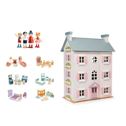 complete dolls house bundle - wooden house - gift set Mentari Heather Hall Large Dolls House. Pink large dolls house with all furniture and doll family, great gift for toddlers.