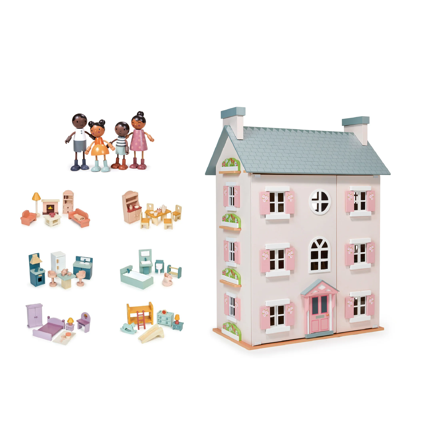 Mentari Heather Hall Large Dolls House. Pink large dolls house with all furniture and doll family, great gift for toddlers.