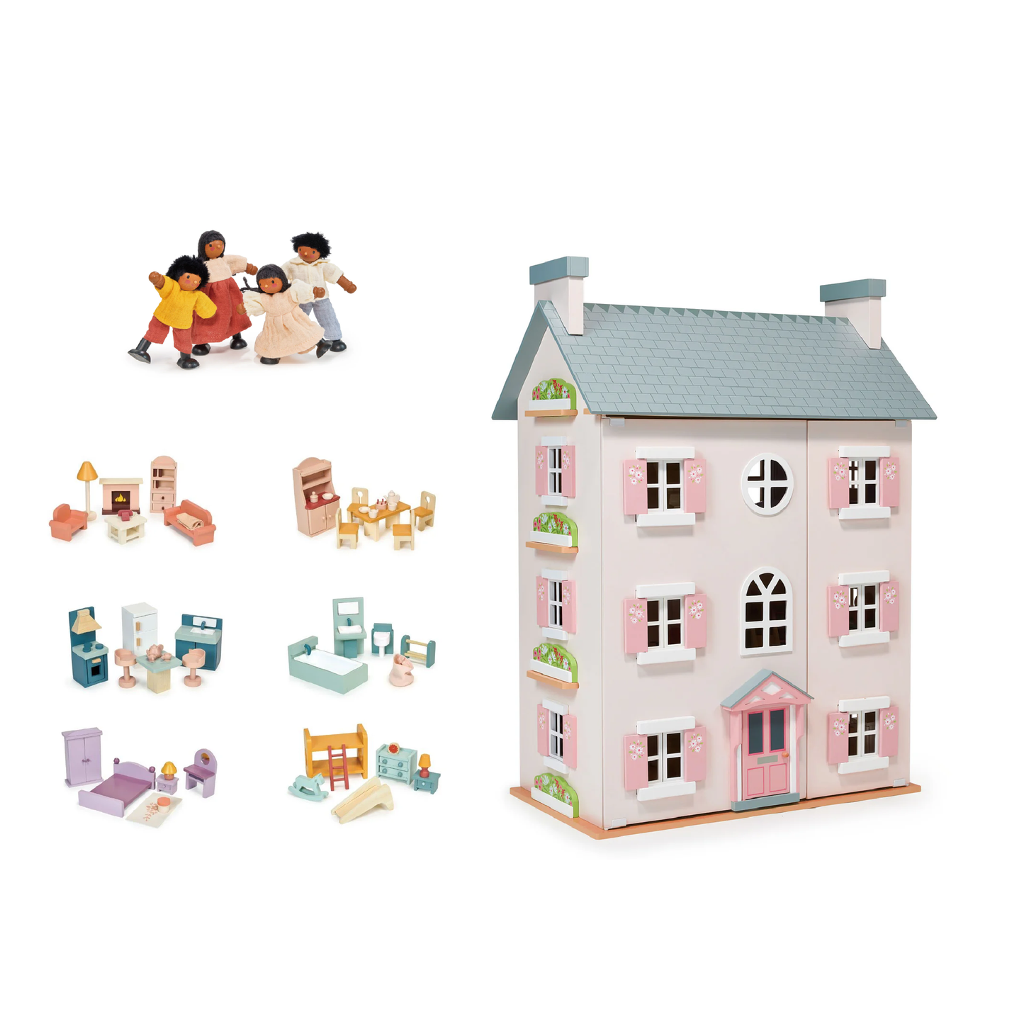 Mentari Heather Hall Large Dolls House. Pink large dolls house with all furniture and doll family, great gift for toddlers.