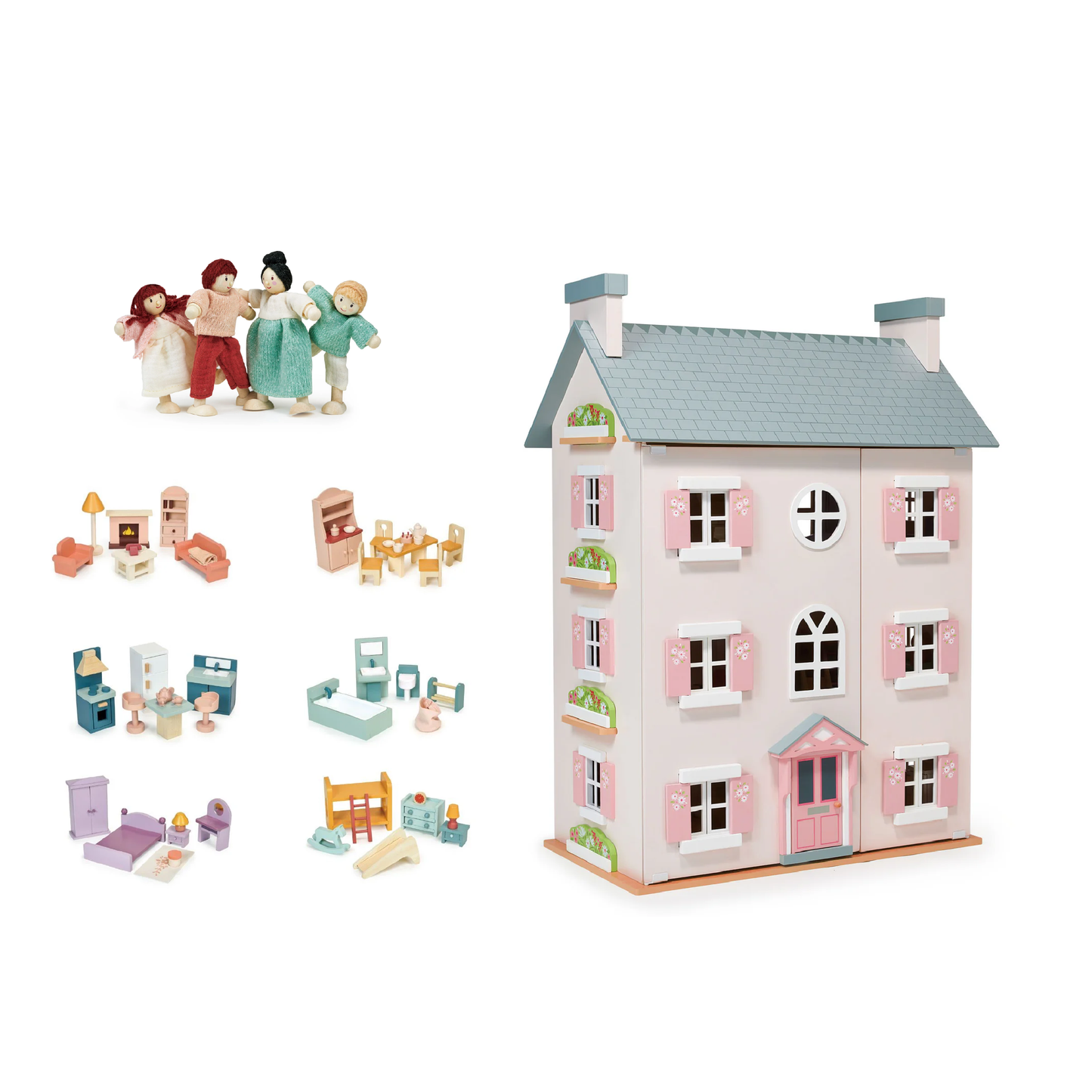 Mentari Heather Hall Large Dolls House. Pink large dolls house with all furniture and doll family, great gift for toddlers.