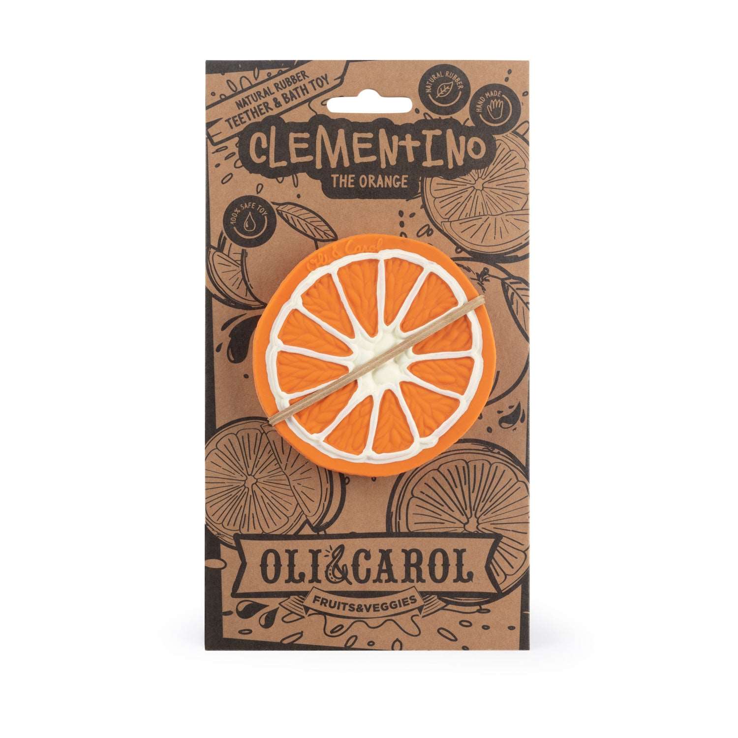 Clementine orange teether packaging by Oli & Carol on a white background