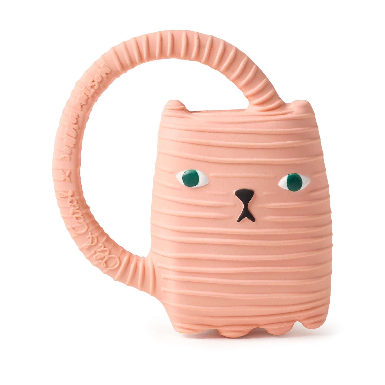 Pink cat-shaped teething toy with a handle on a white background