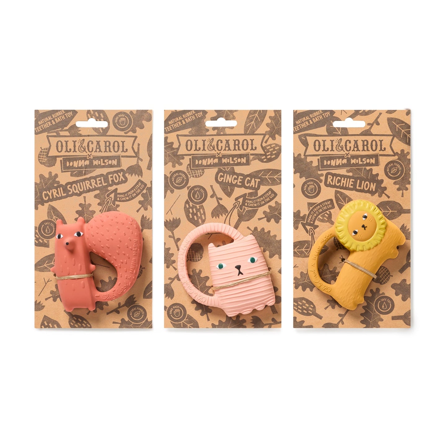 Three animal-themed teether toys in their packaging with 'Oli & Carol' branding.