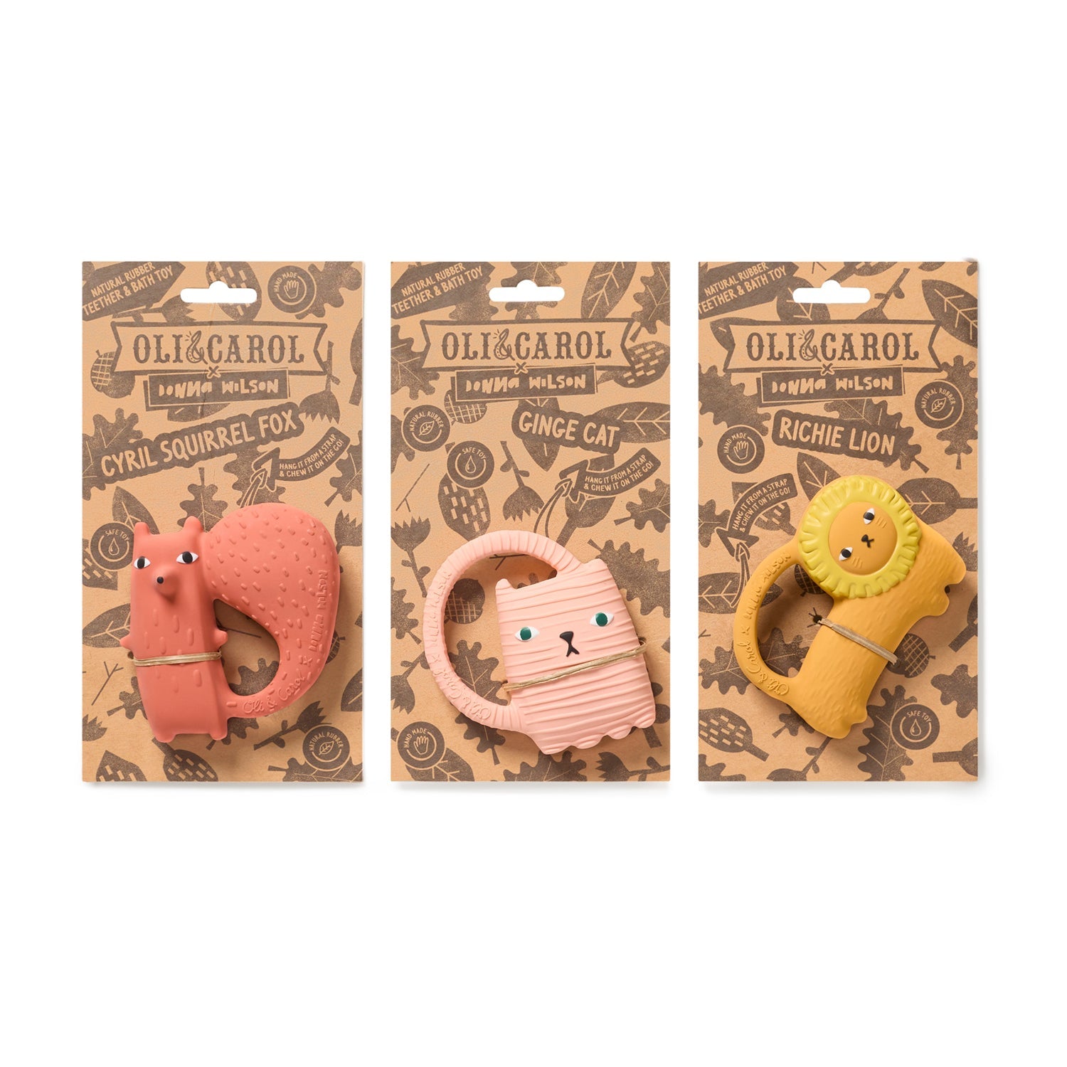 Three animal-themed teether toys in their packaging with 'Oli & Carol' branding.