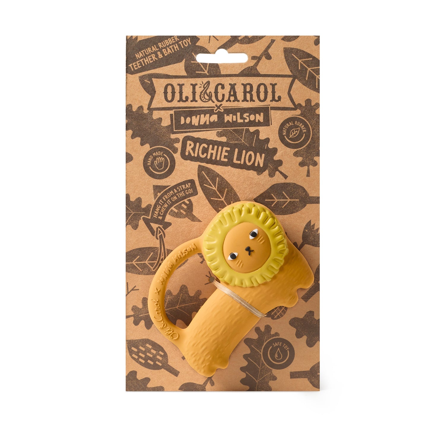 Yellow lion-shaped teething toy with 'Oli & Carol' branding on a patterned background