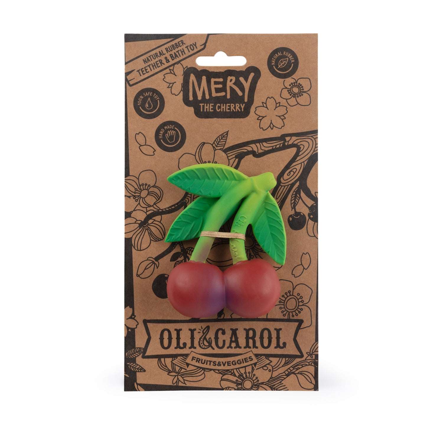 Oli & Carol Mery the Cherry teether packaging on a white background