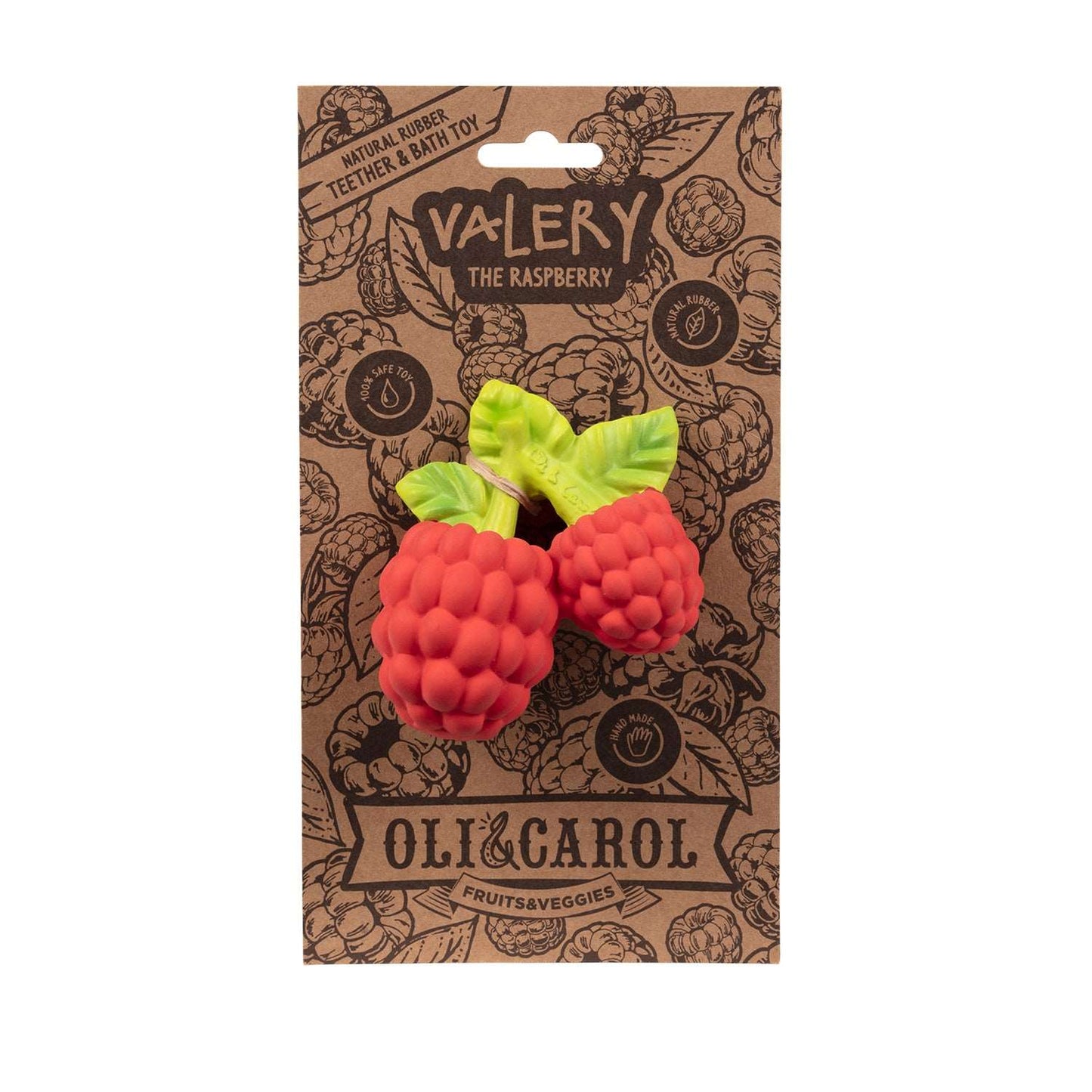 Valery the Raspberry toy by Oli & Carol on a brown packaging background