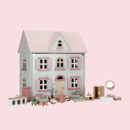 Little Dutch Wooden Dolls House – Traditional White with Pink Roof