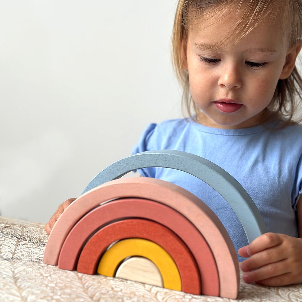Wooden Rainbow Stacking Toy | Mentari Sunset Tunnel | Mucky Wolf