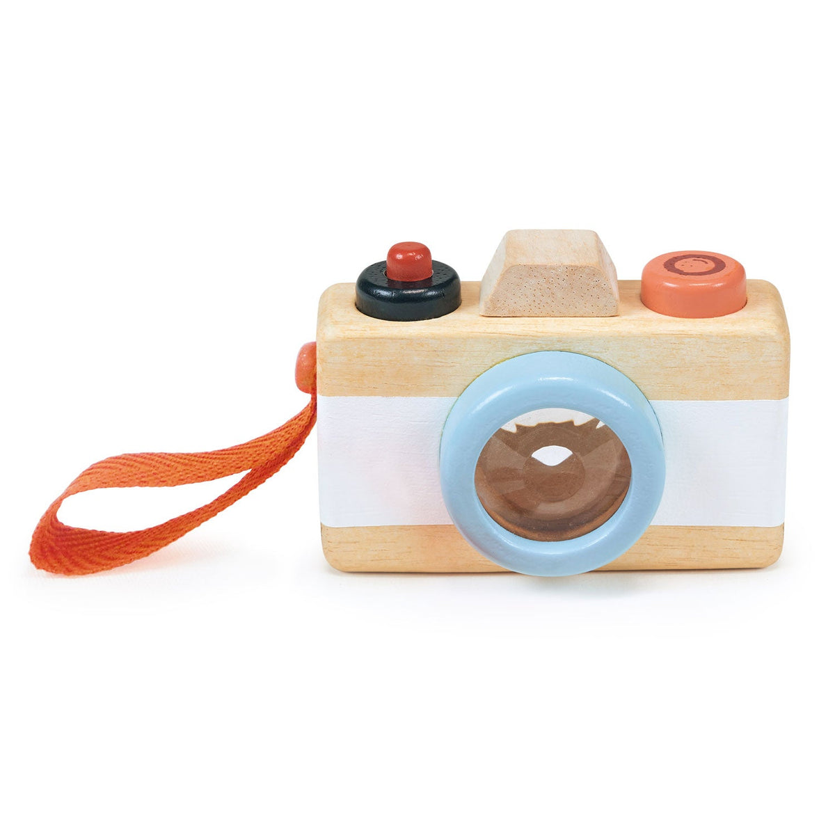 Wooden toy camera with a strap on a white background