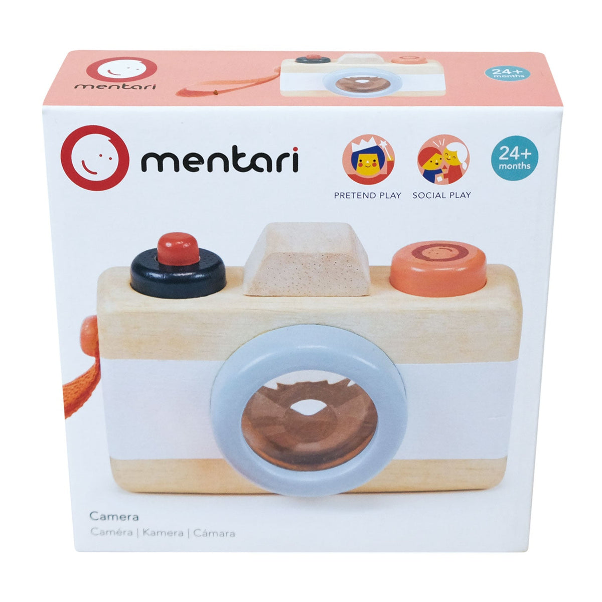 Wooden toy camera packaging with 'mentari' branding on a white background