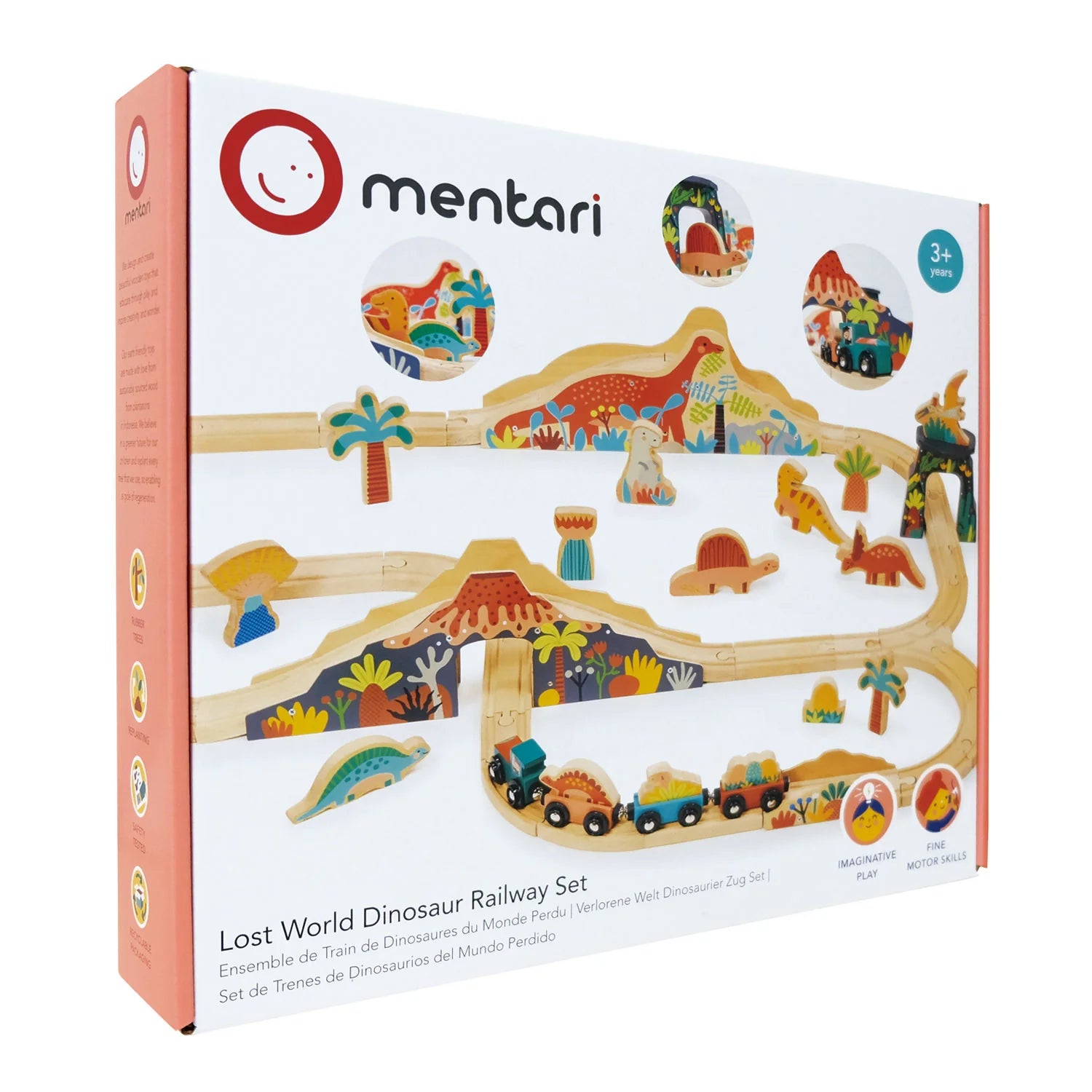 Box of Mentari Lost World Dinosaur Railway Set with colorful illustrations on a white background