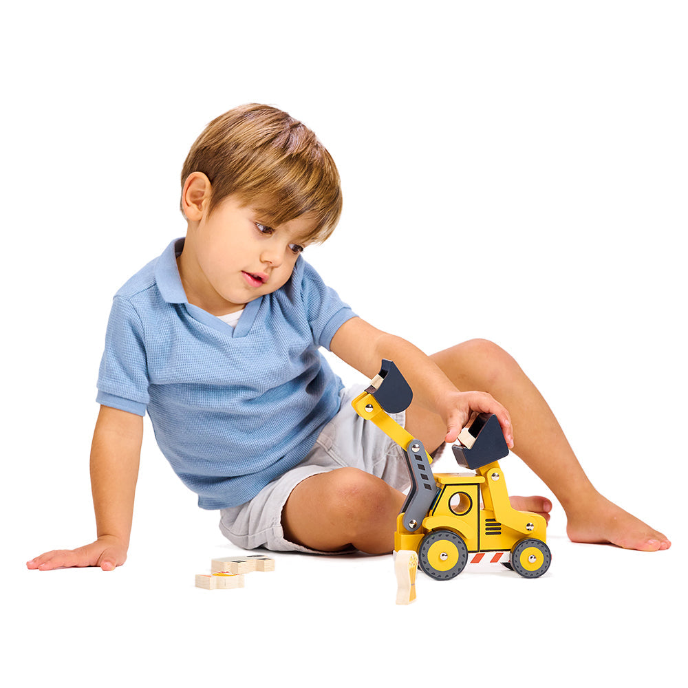 Wooden Yellow Digger Toy | Backhoe Pretend Play | Mentari