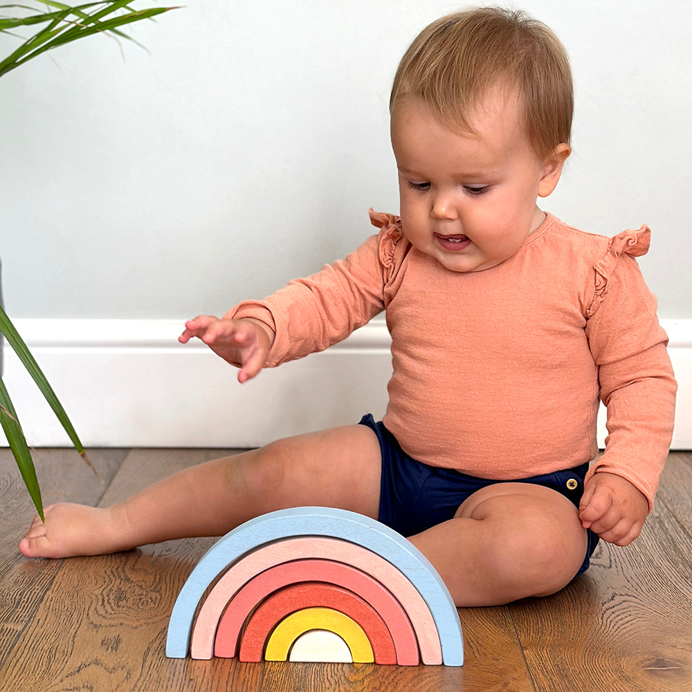 Wooden Rainbow Stacking Toy | Mentari Sunset Tunnel | Mucky Wolf