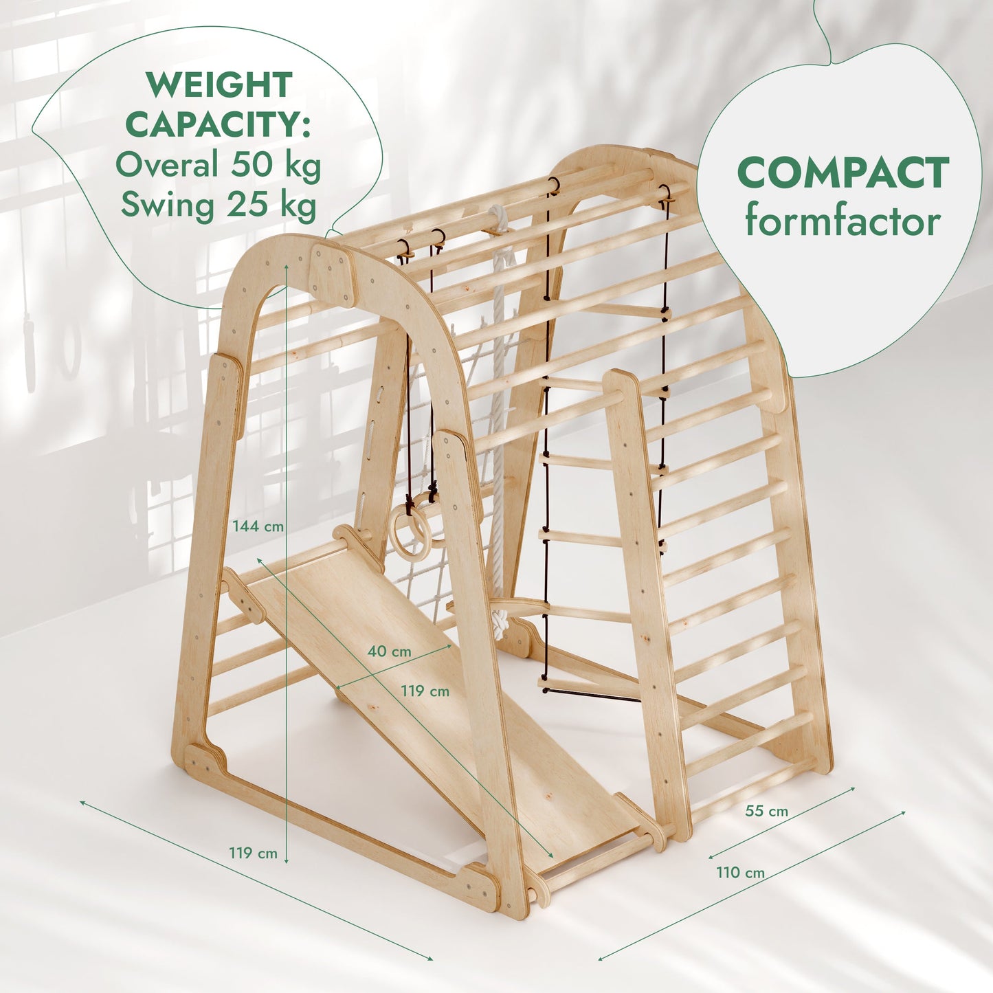 6in1 Indoor Wooden Playground for Children – Playground + Swings Set + Slide Board