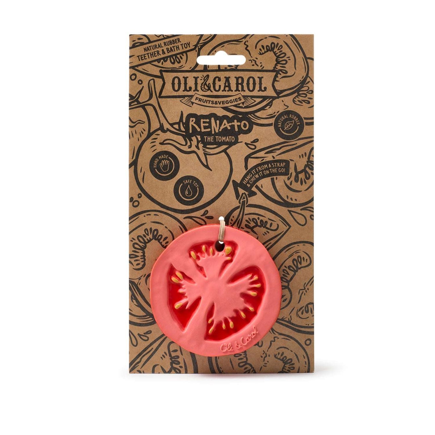 Red tomato-shaped toy on a patterned packaging with 'Oli & Carol' branding.