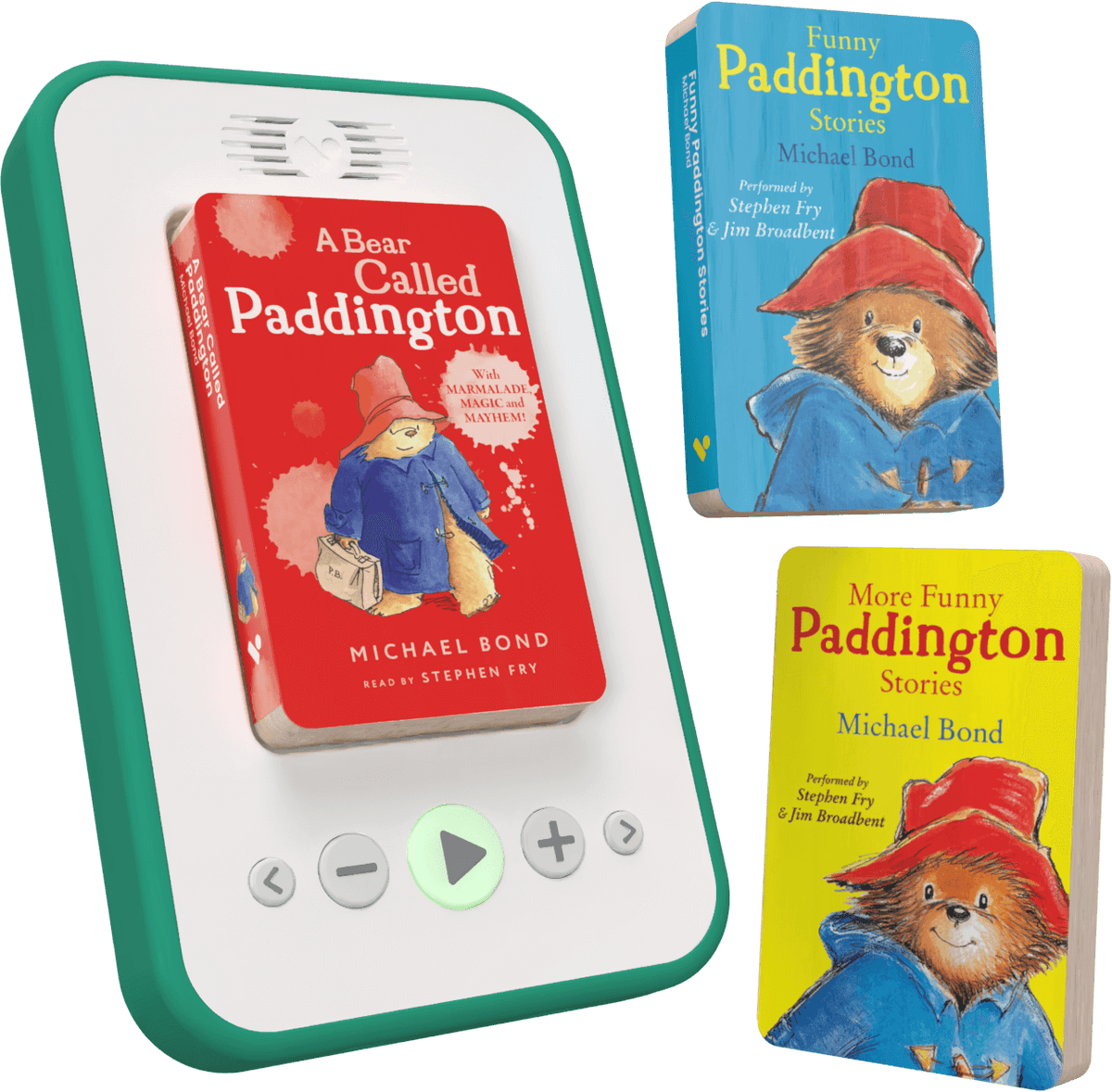 A children's book-themed electronic device with a green and white body, displaying 'A Bear Called Paddington' on its screen, alongside two additional Paddington books floating to the right: 'Funny Paddington Stories' on blue and 'More Funny Paddington Stories' on yellow.