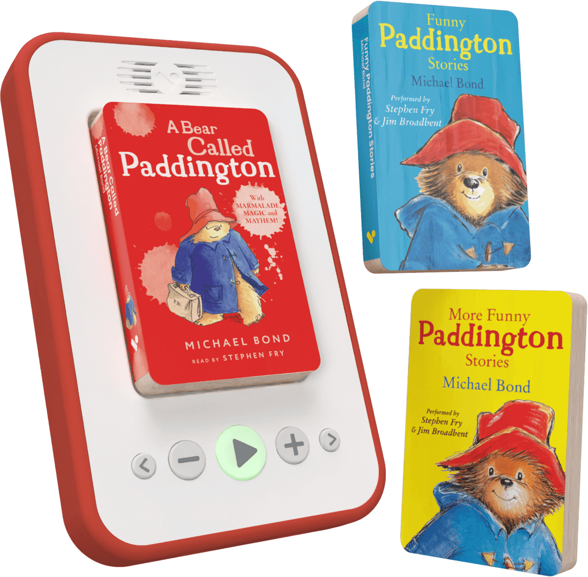 A children's audio book player device with a red-and-white rounded rectangular body, shown with three Paddington-themed book covers floating beside it on a black background.