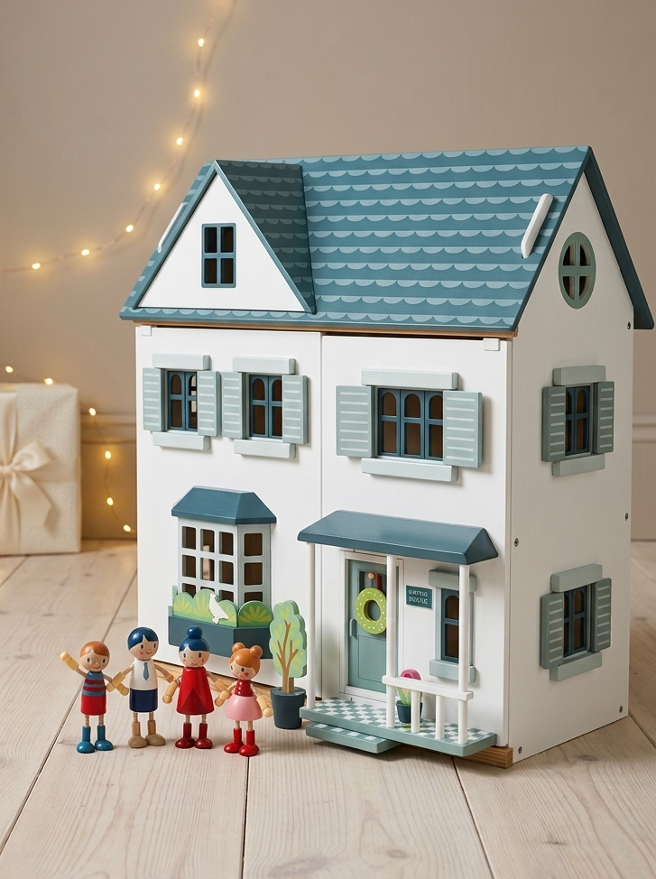 A miniature dollhouse-style house with a teal roof, white walls, and pale green shutters, displayed on a light wood floor with small toy figures and potted plants in front. Warm string lights glow in the background.