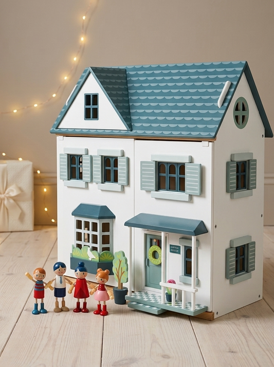 A miniature dollhouse-style house with a teal roof, white walls, and pale green shutters, displayed on a light wood floor with small toy figures and potted plants in front. Warm string lights glow in the background.