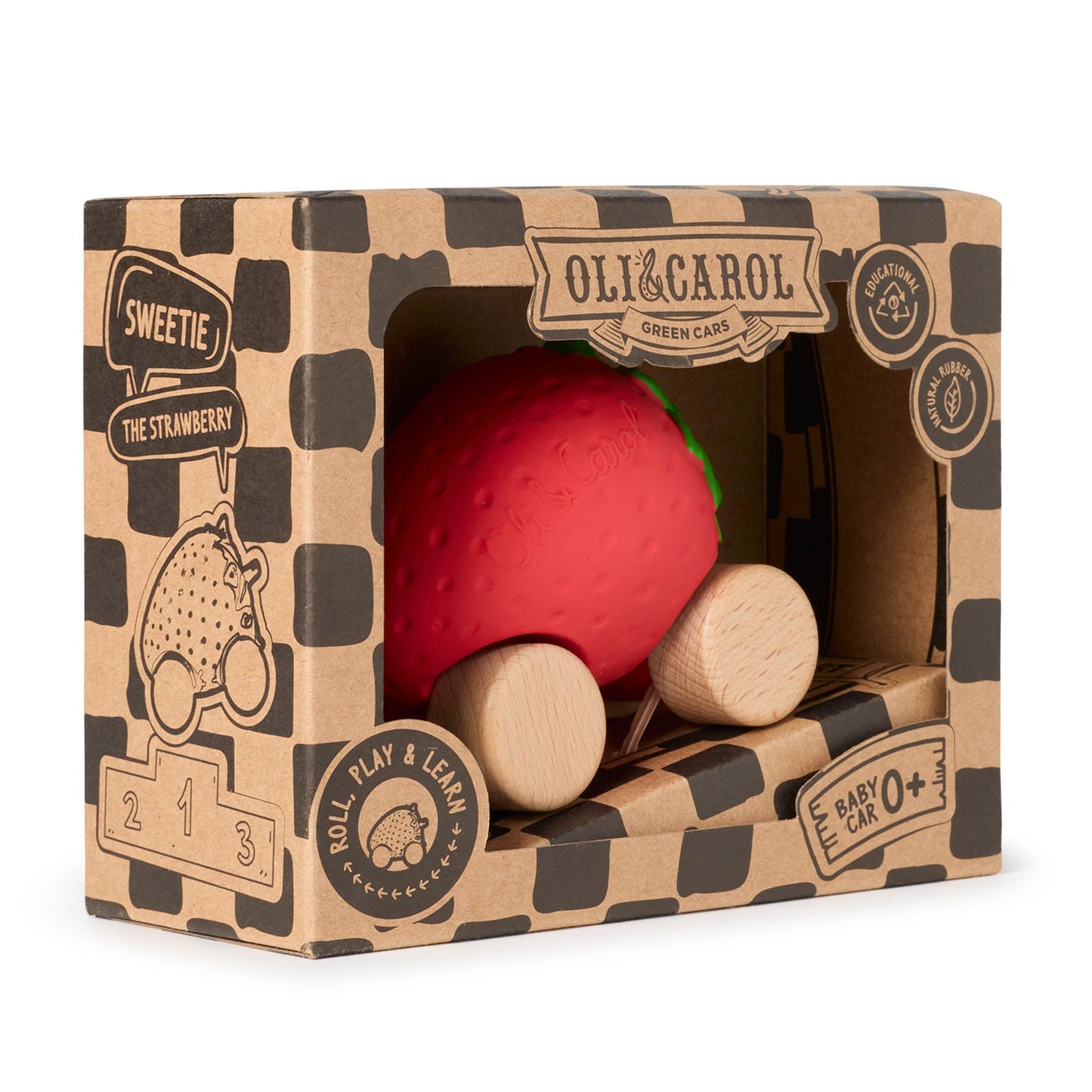 Oli & Carol Sweetie Strawberry Car - Soft Baby Toy 0m+ | Natural Rubber