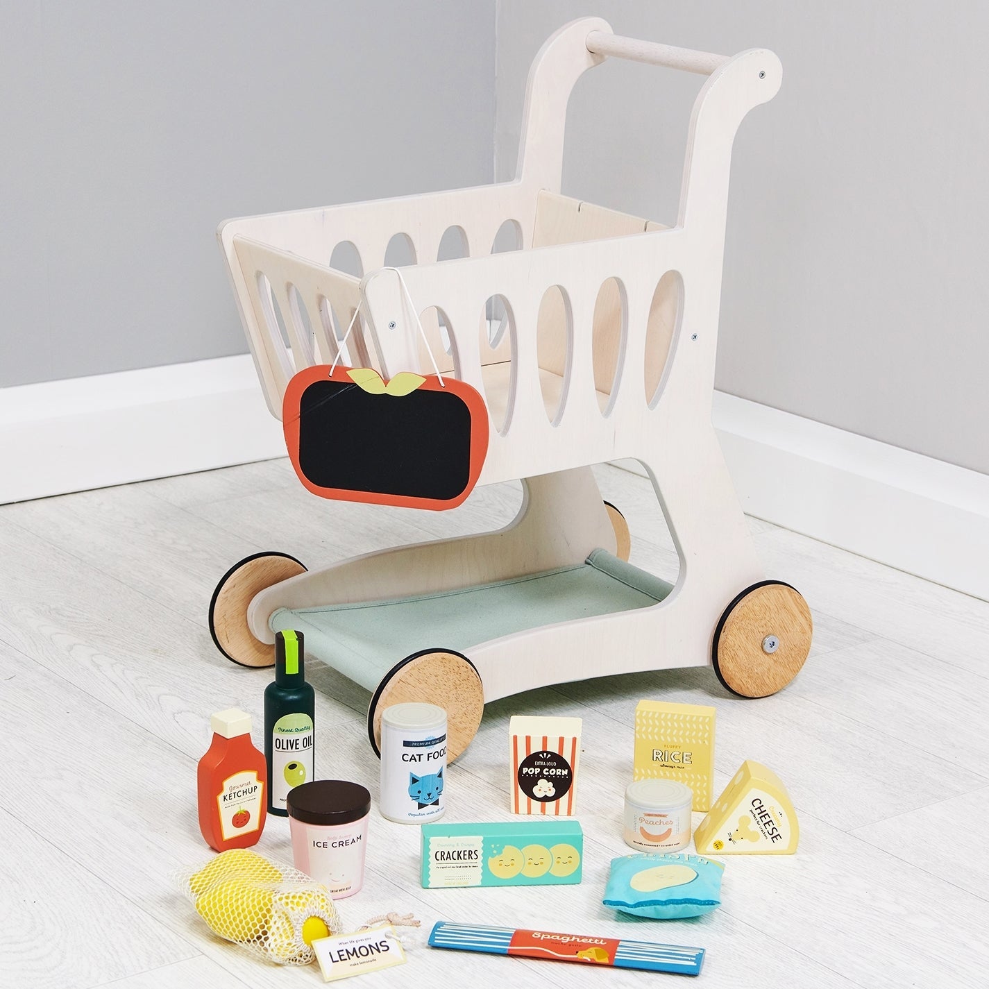 Wooden Shopping Bundle Pretend Play (Grocery Set, Shopping Cart)