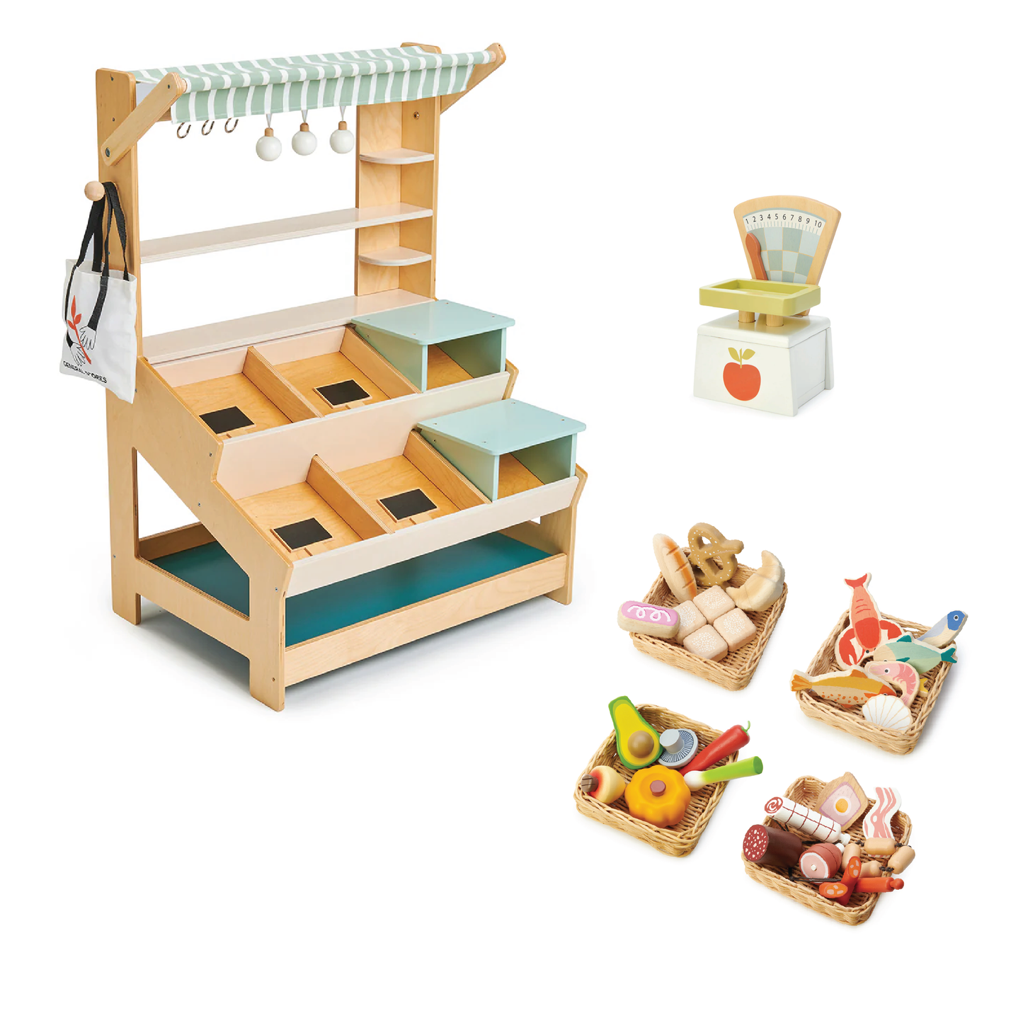 Tenderleaf Toys Wooden Shop Roleplay complete sets with food scales, tile and trolley!