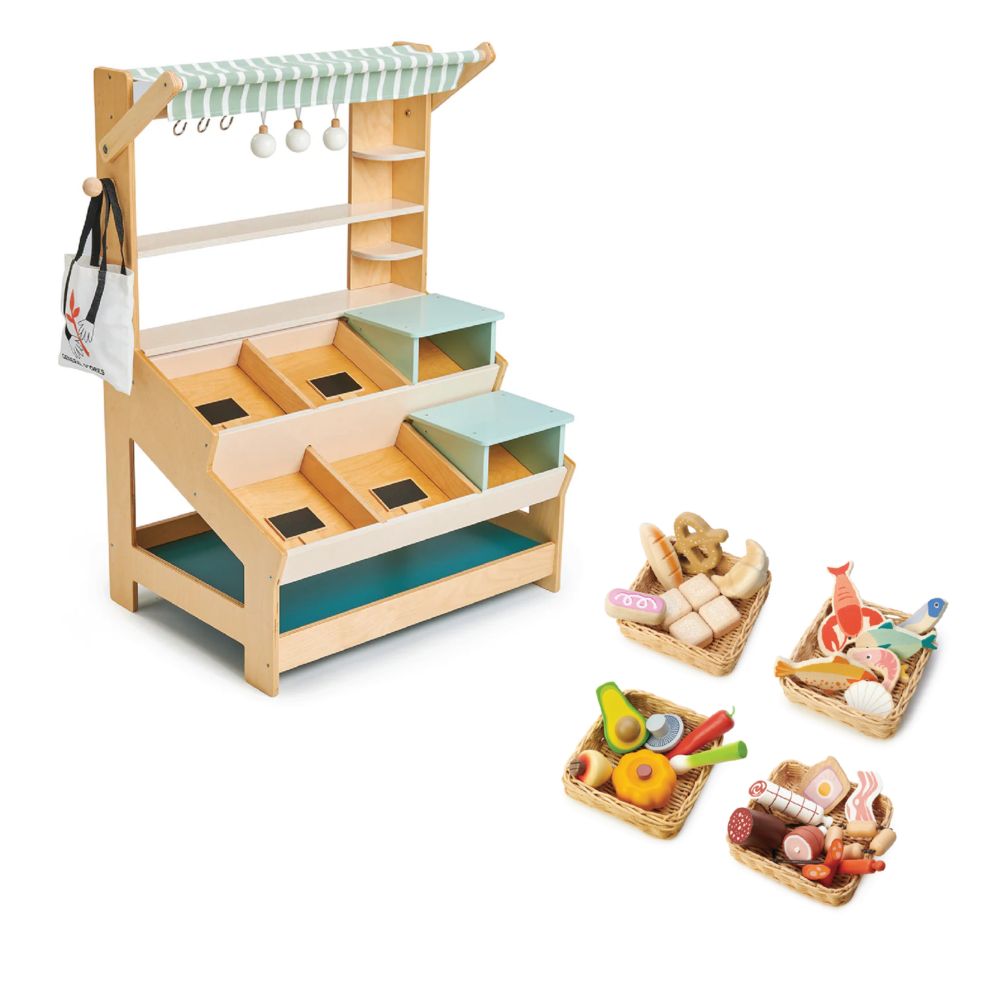 Tenderleaf Toys Wooden Shop Roleplay complete sets with food scales, tile and trolley!