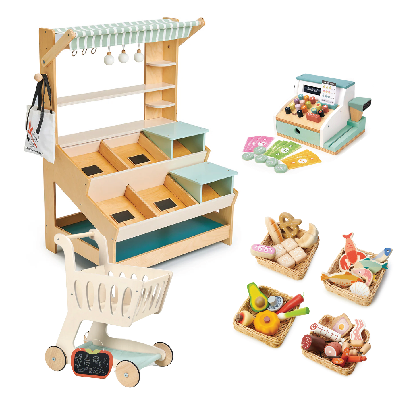 Tenderleaf Toys Wooden Shop Roleplay complete sets with food scales, tile and trolley!