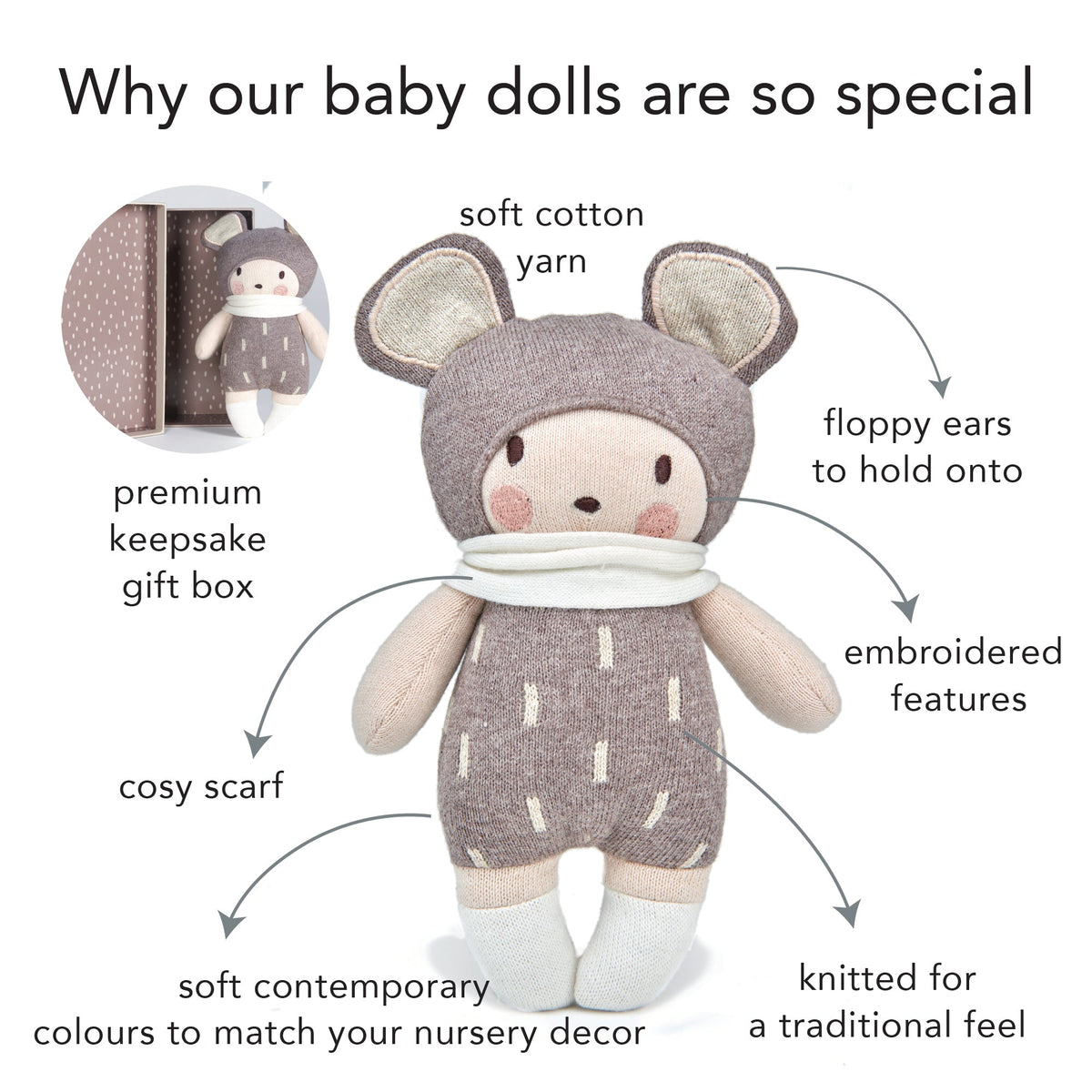  Baby Beau Knitted Doll | Soft First Baby Doll | Mucky Wolf