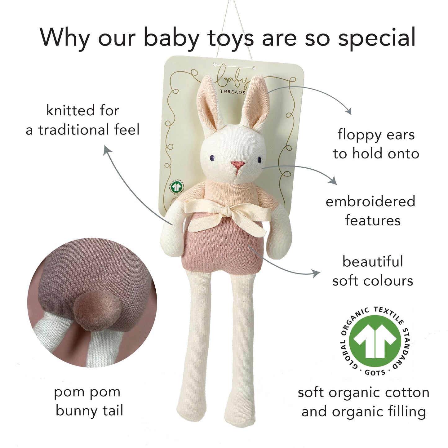 Baby toy rabbit with packaging, highlighting features and organic certification.