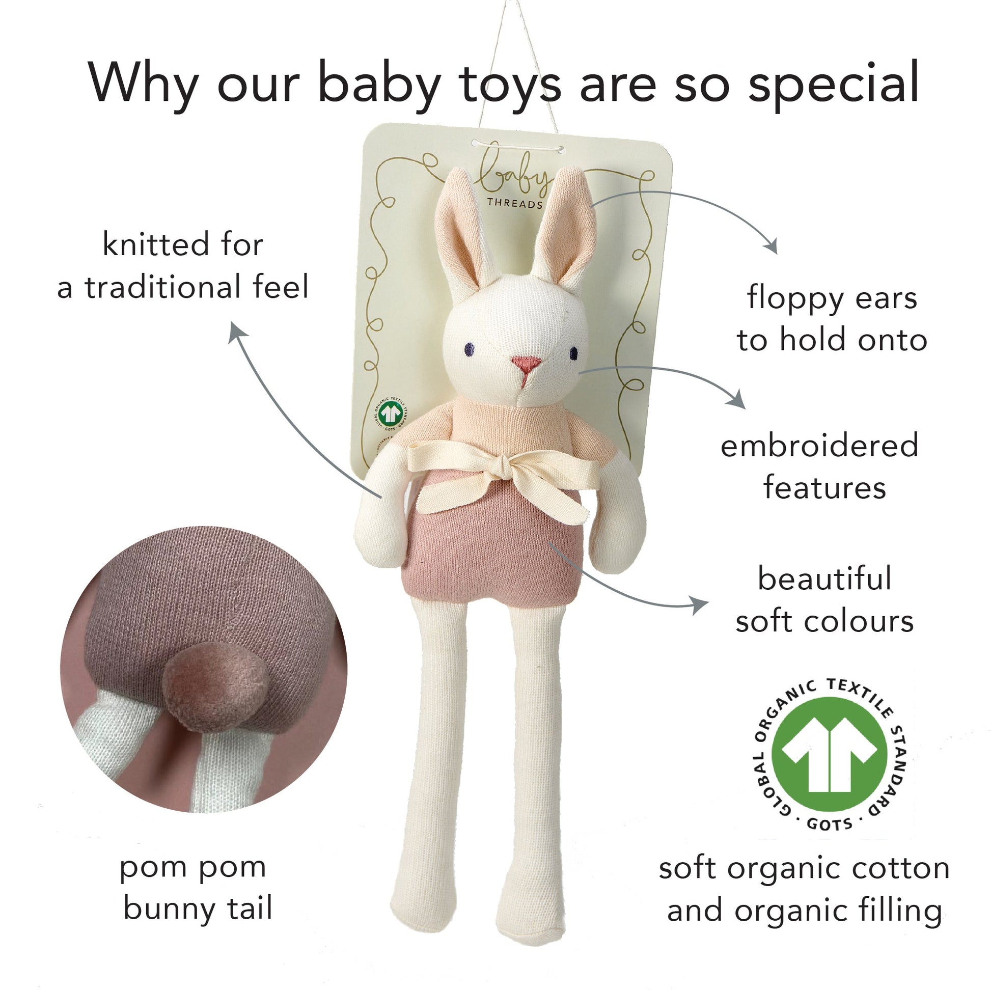 Baby toy rabbit with packaging, highlighting features and organic certification.
