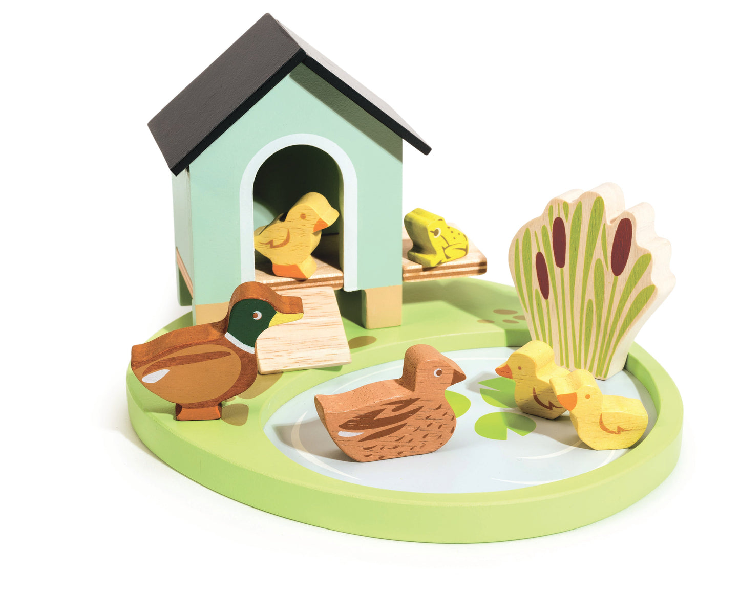 Wooden duck family scene with a duckhouse and ducks around a pond on a white background