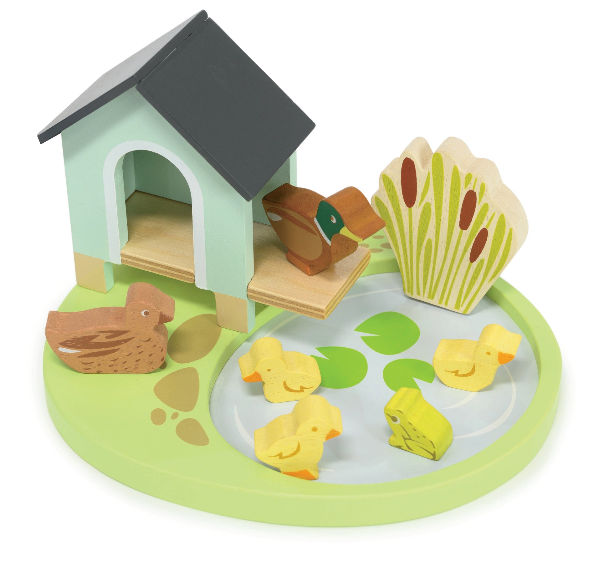 Wooden toy set with a chicken coop, chickens, and ducks on a white background