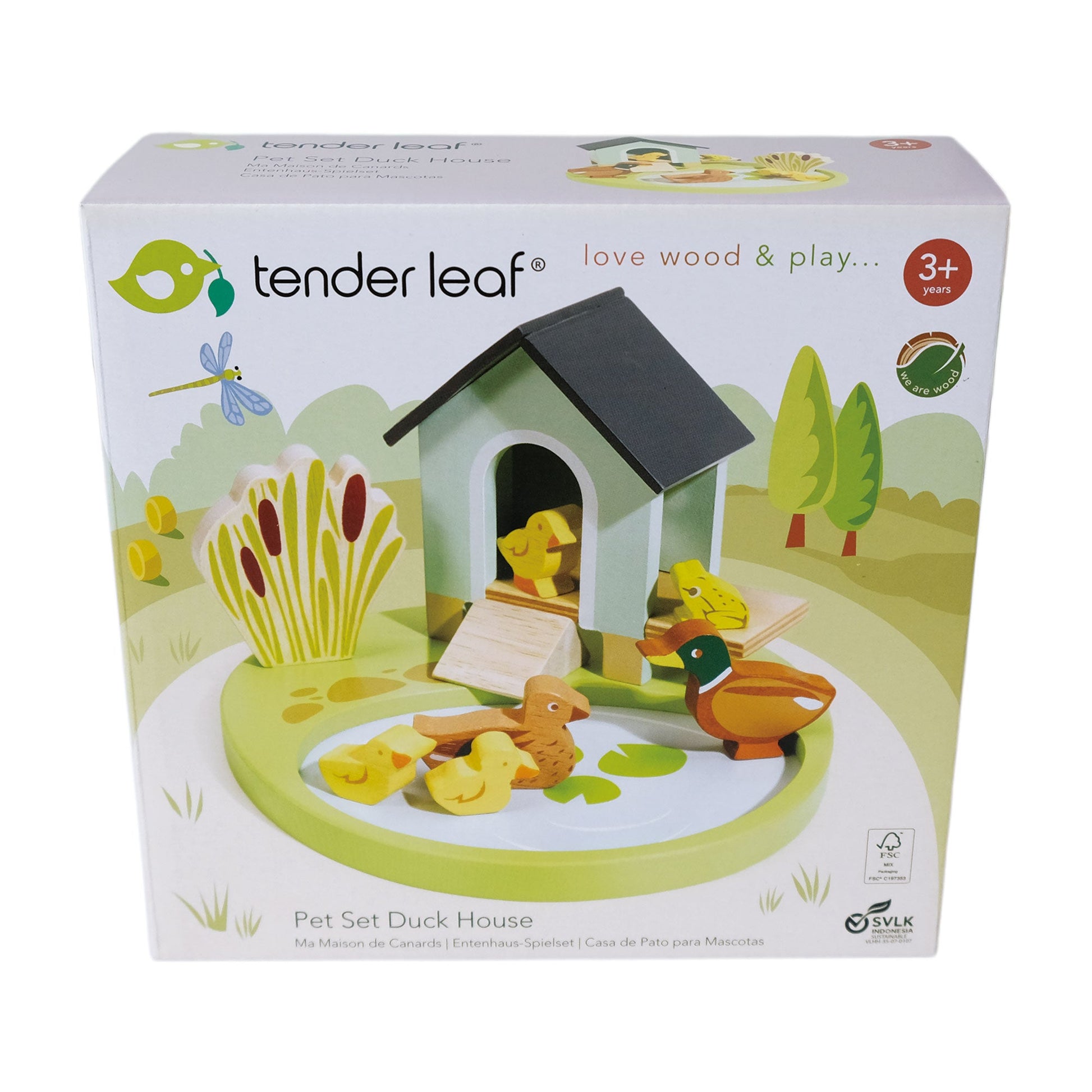 Tender Leaf toy packaging for a duck house set with ducks and a doghouse.