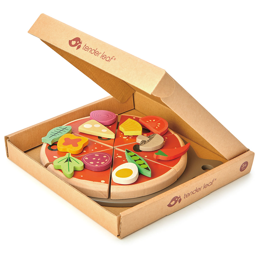 Wooden toy pizza set in a cardboard box with 'tender leaf' branding.