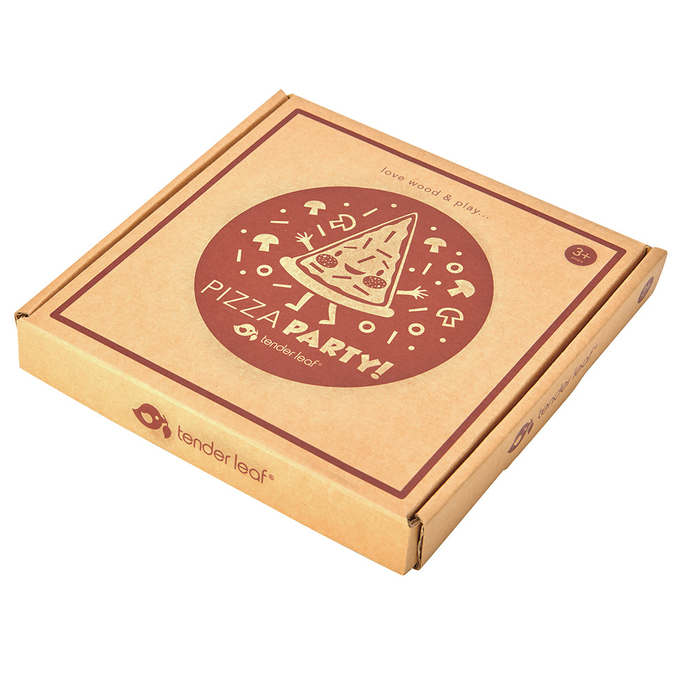 Cardboard pizza box with 'Pizza Party!' design and 'tender leaf' branding on a white background