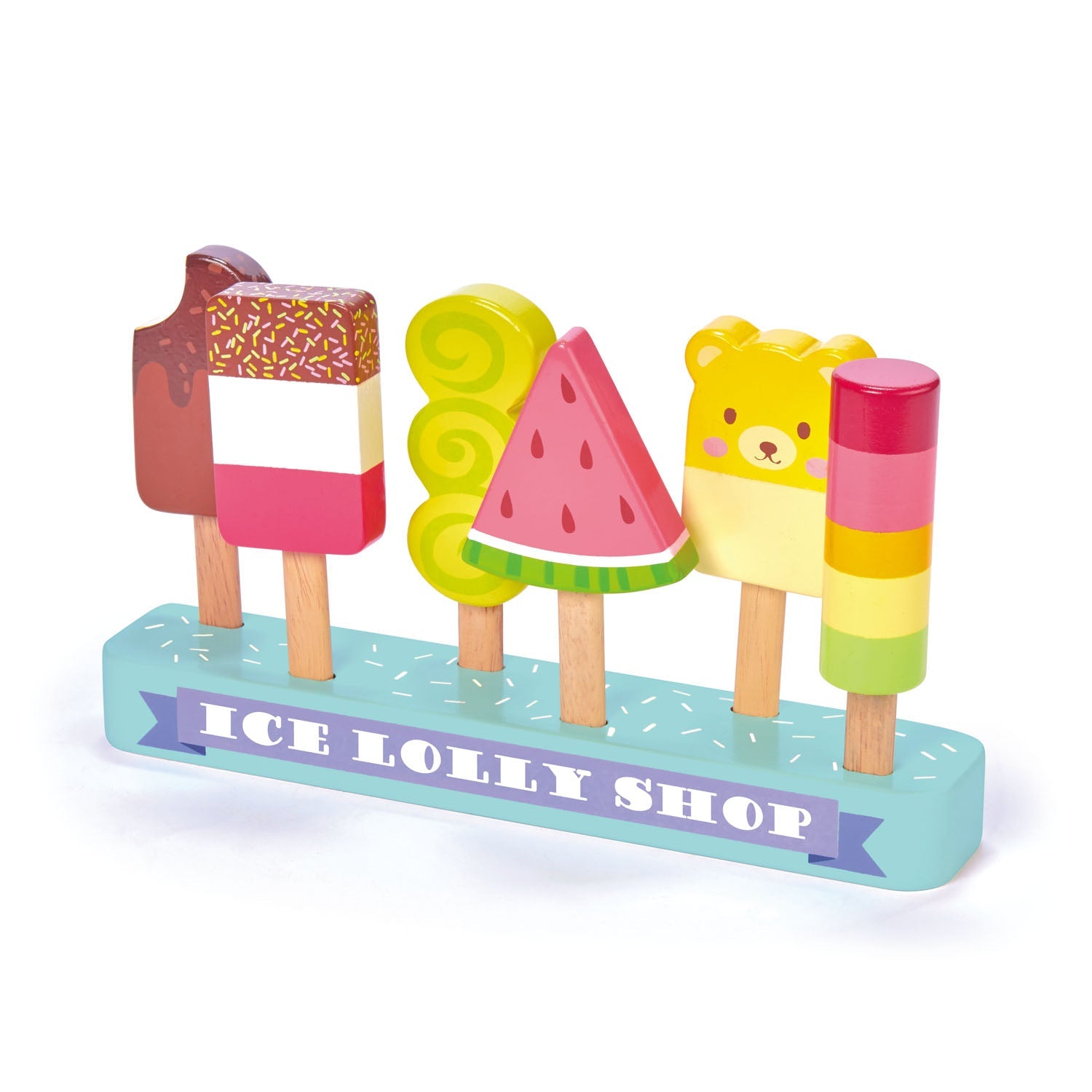 Colorful toy ice lolly shop with various ice lollies on a white background