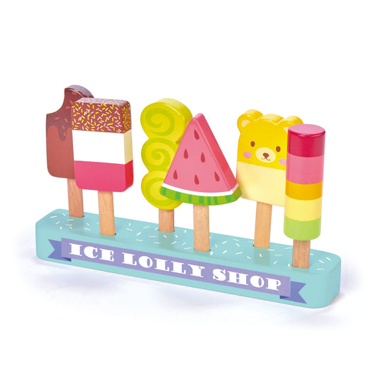 Colorful toy ice lolly shop with various ice lollies on a white background