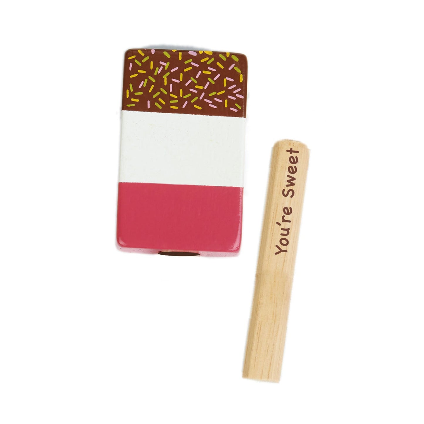 Wooden ice cream toy with a pink base, white middle, brown top with sprinkles, and a wooden stick with 'You're Sweet' text on a white background.