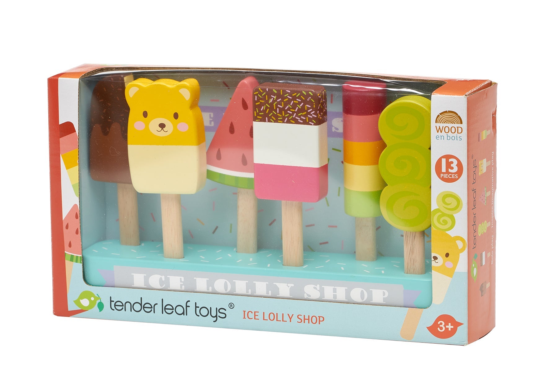 Wooden ice lolly shop set in packaging with 'tender leaf toys' branding.