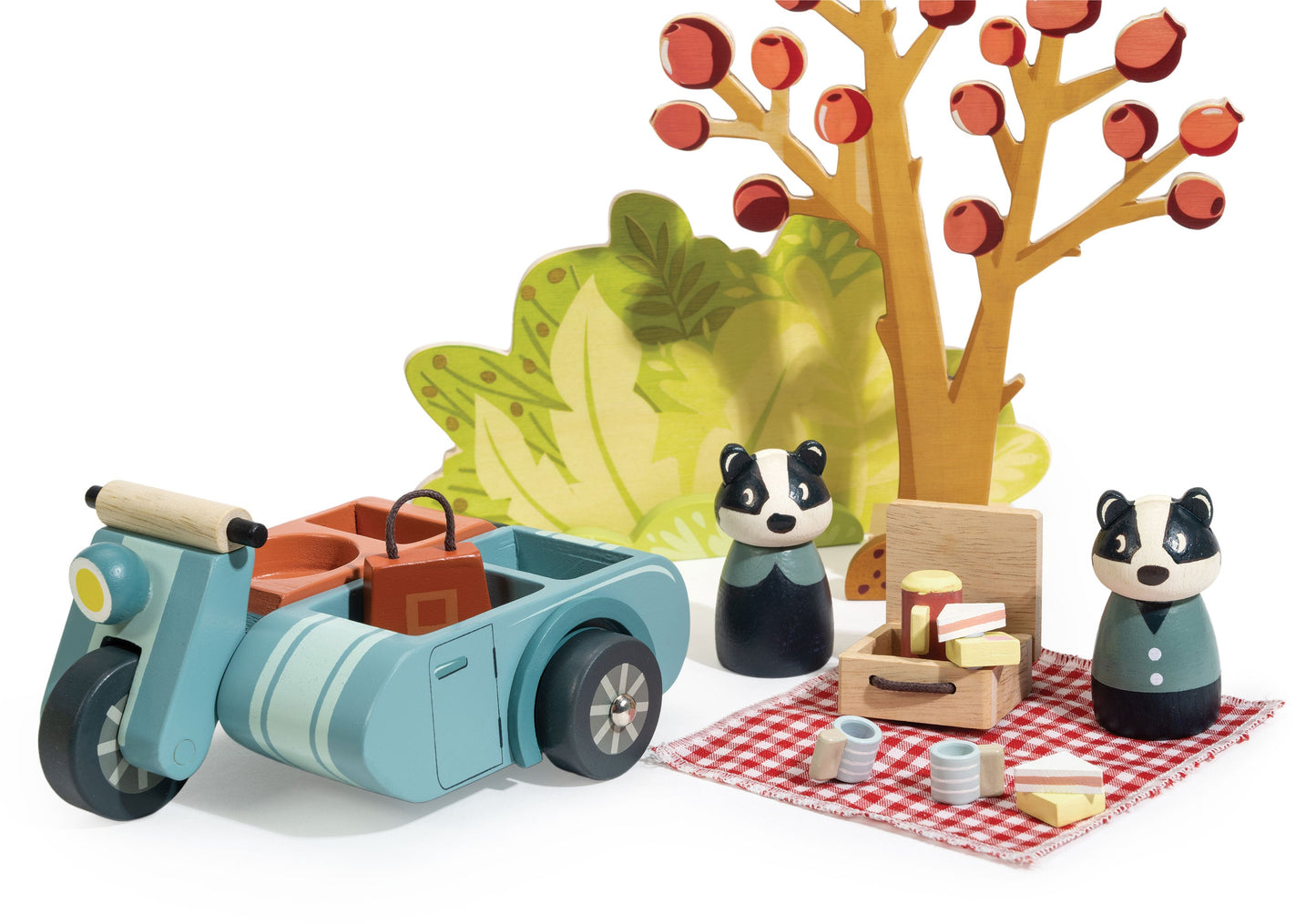 Toy scooter with sidecar, picnic setup, and animal figures on a white background