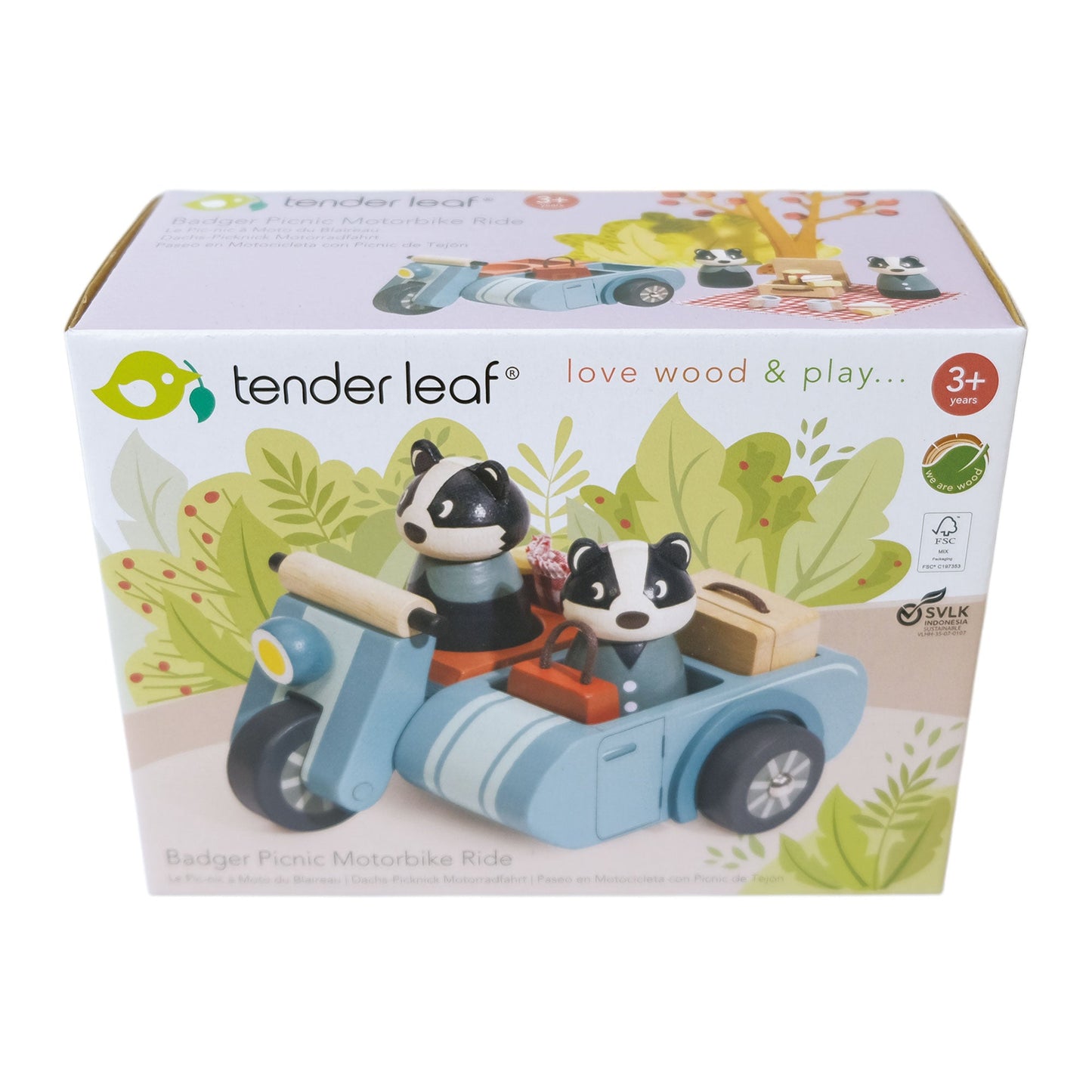 Tender Leaf toy packaging with badger characters on a scooter