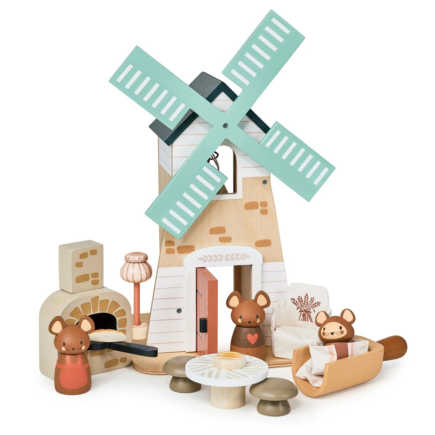 Wooden toy windmill with mice characters on a white background Tender Leaf Toys Penny Windmill