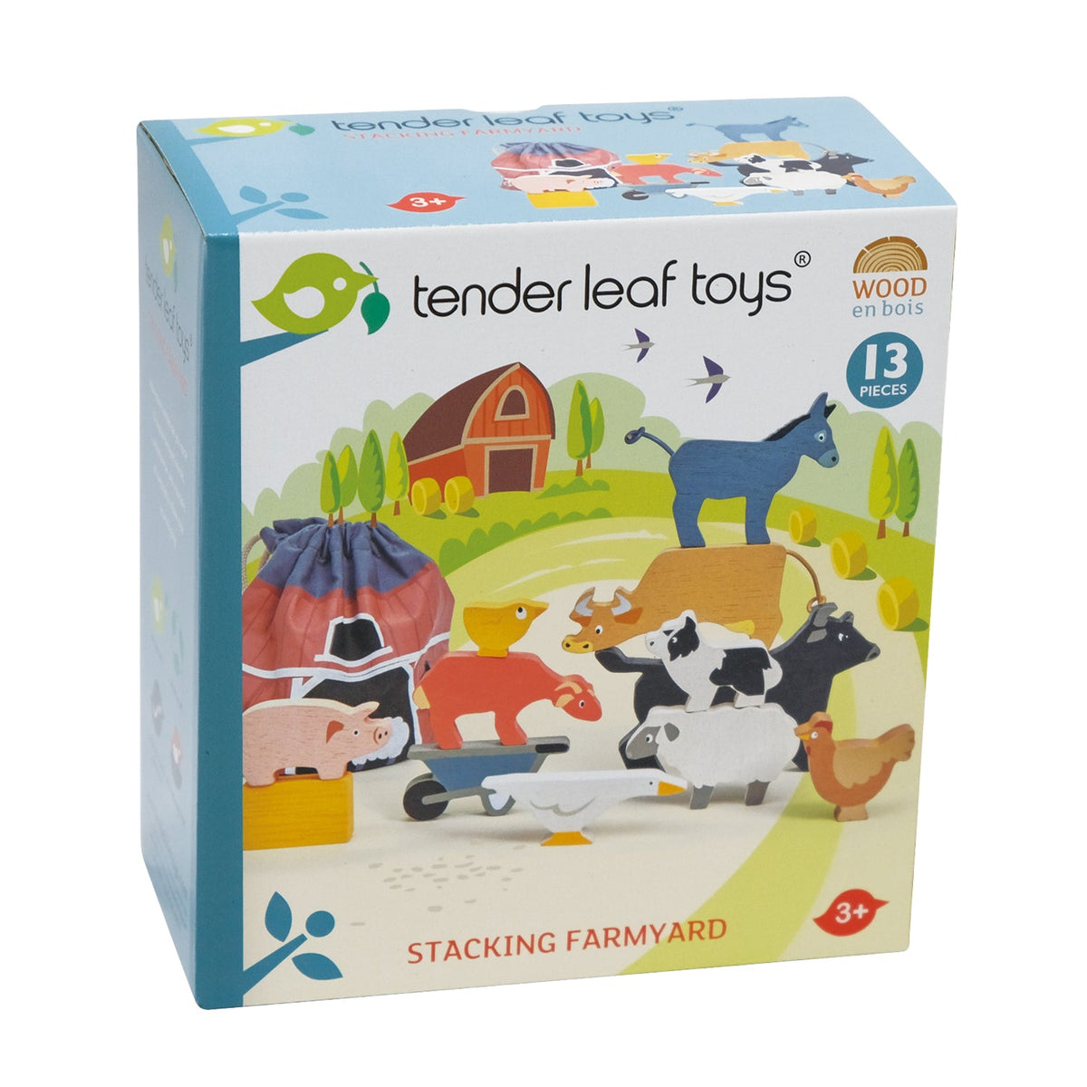 Box of tender leaf toys stacking farmyard toy set on a white background